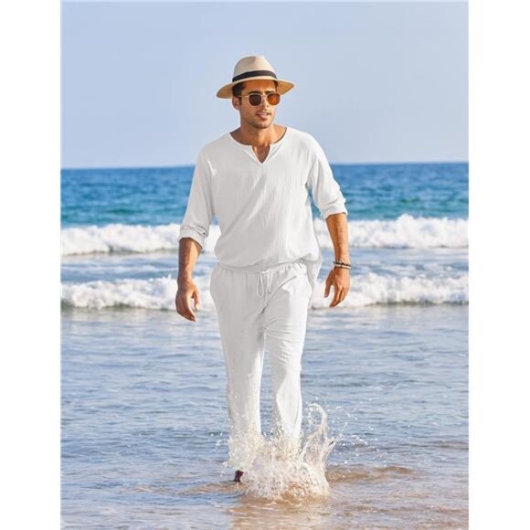 Men's 2 Pieces Cotton Linen Set Henley Shirt Long Sleeve and Casual Beach Pants - Picture 3 of 6